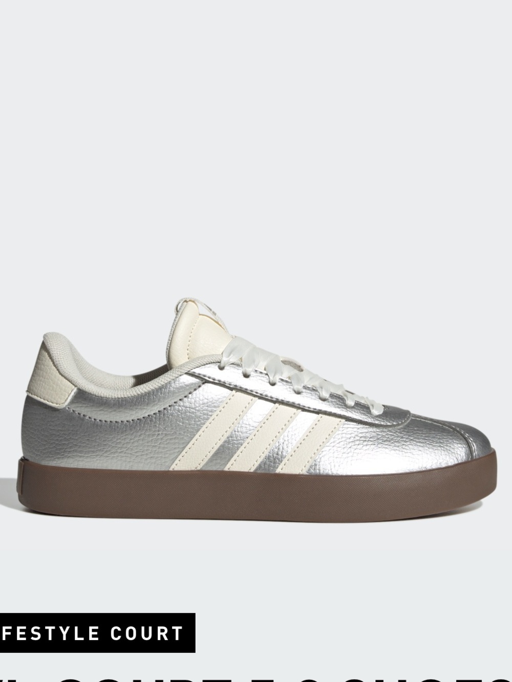 Adidas VL Court 3.0 shoes striking silver metallic leather women’s size 7.5
